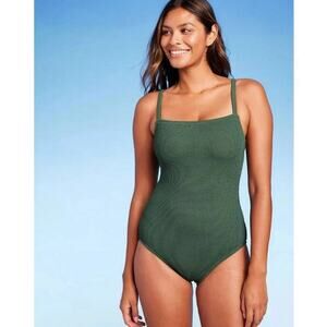 Kona Sol Women's Size S (4-6) Green Textured Crinkled One-Piece Swimsuit